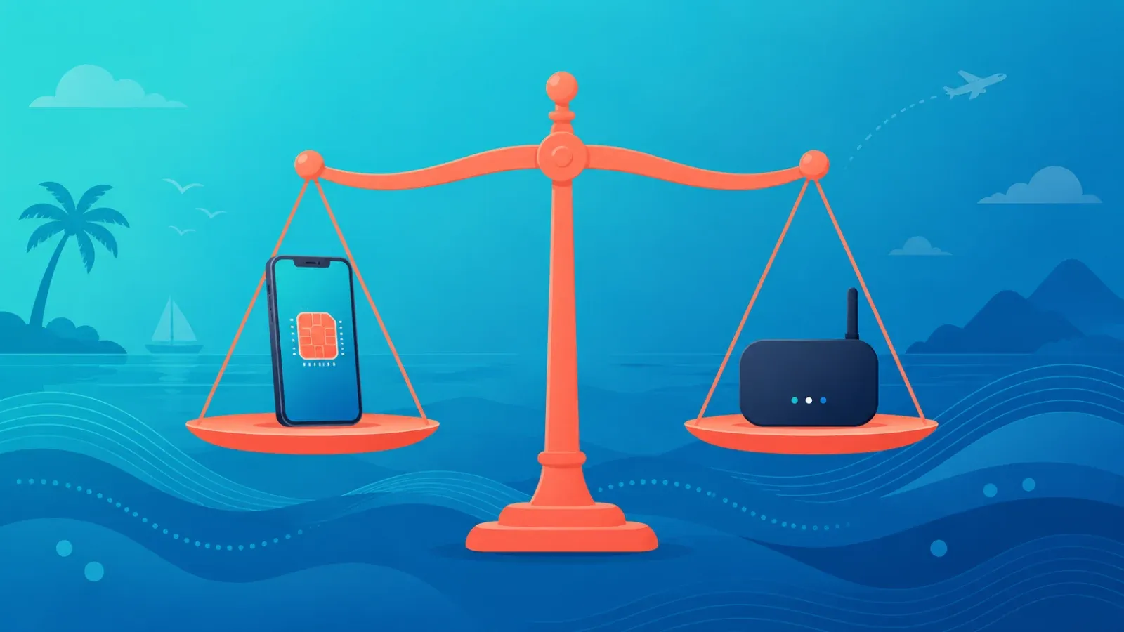 eSIM与随身WiFi对比示意插图（天平上的手机与路由器）