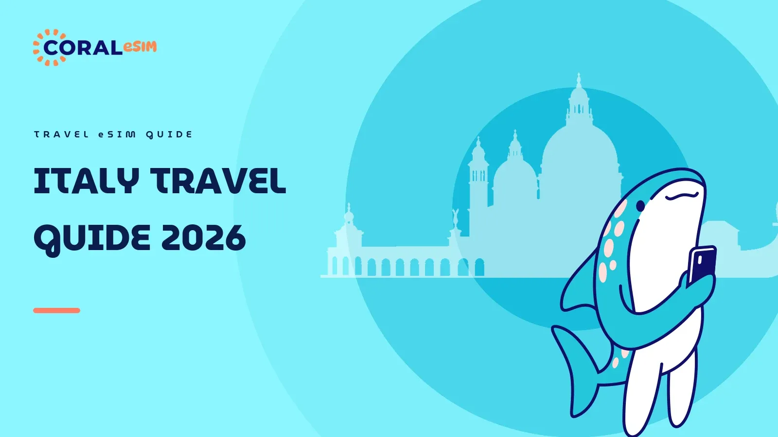 2026意大利旅游指南 说明文章的配图。浅蓝色背景上配有意大利大教堂剪影的扁平插画