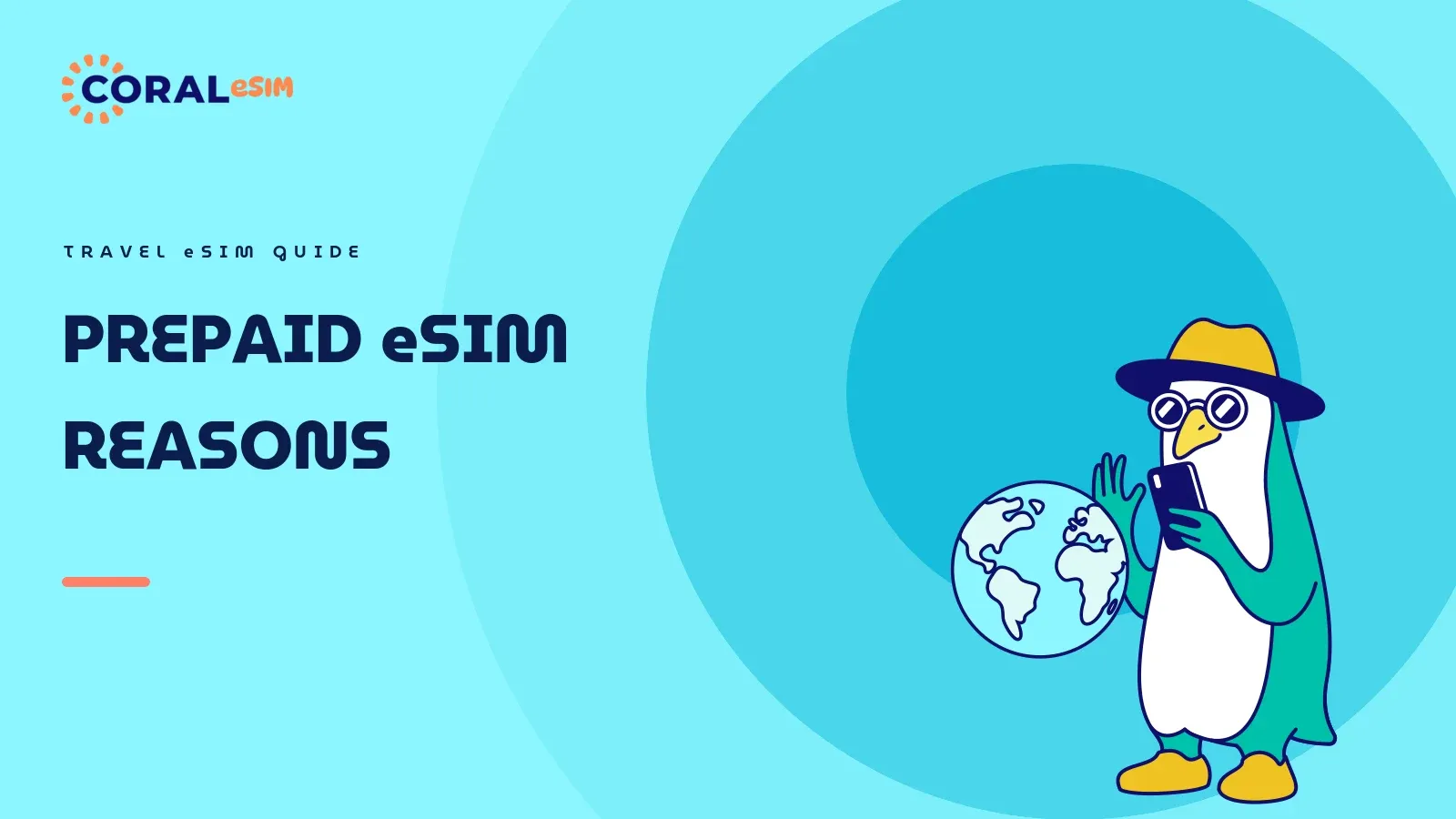 Illustration for the article on five reasons to choose a prepaid eSIM over international roaming. Flat vector artwork on an ocean gradient background