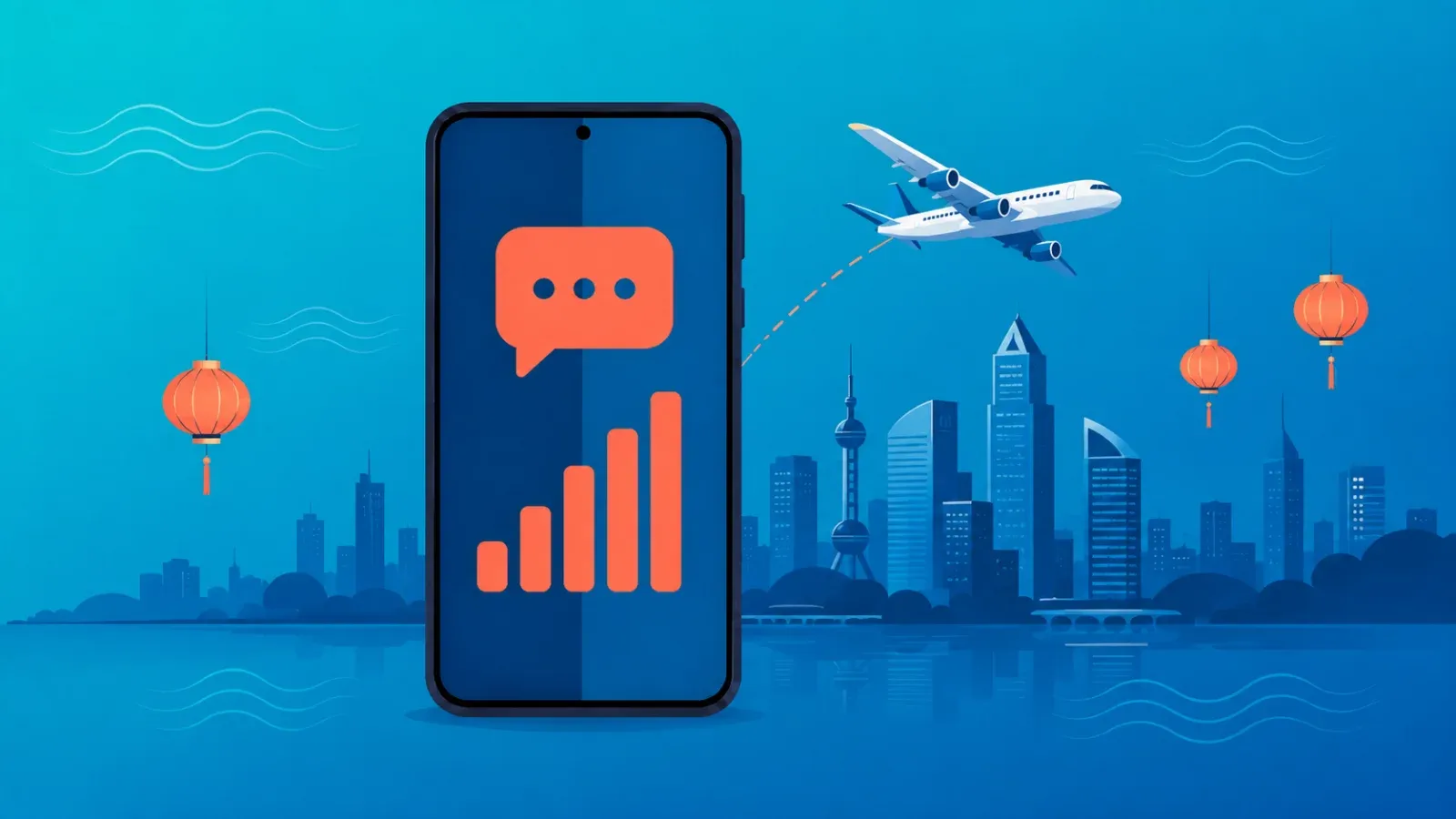 中国旅行・帰国時のeSIM利用イメージ。都市のスカイラインに降下する飛行機と、電波が入ったスマートフォン
