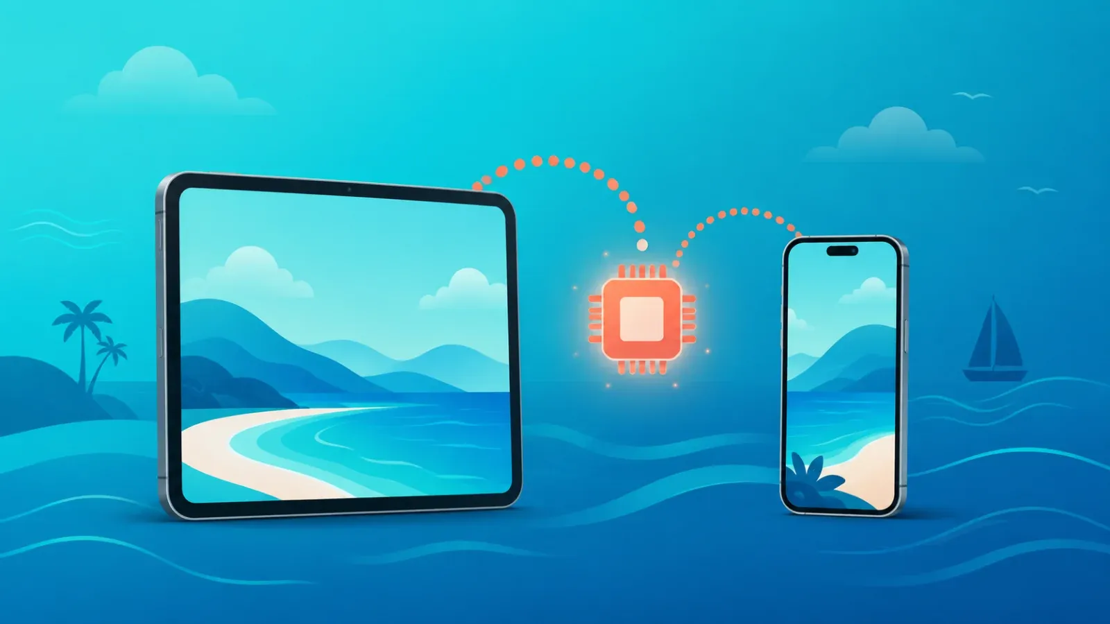 iPad・タブレット向けeSIMのイメージイラスト(タブレットとスマートフォンとeSIMチップ)