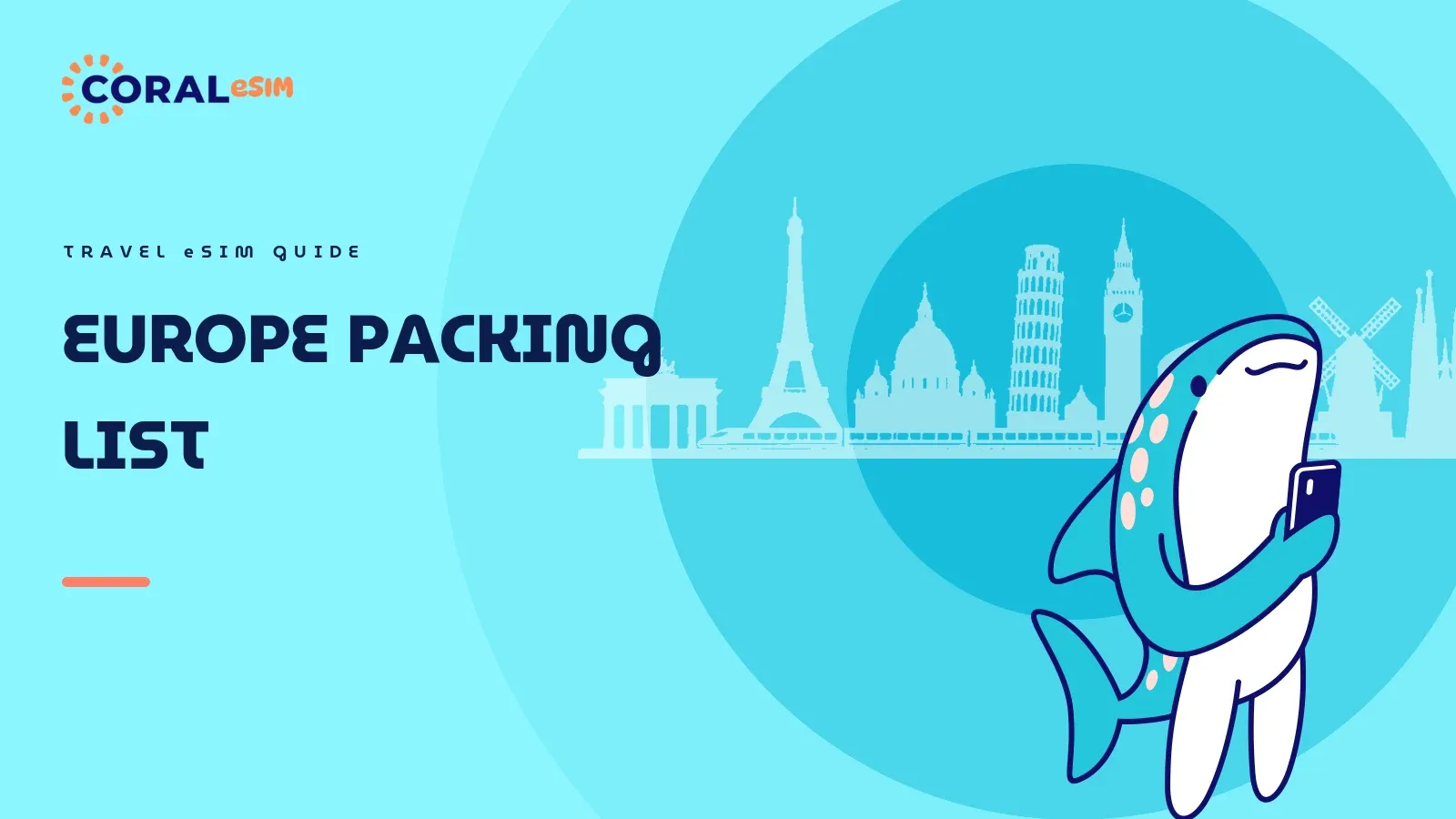 Illustration for the article about a Europe packing list. Flat vector artwork on an ocean gradient background