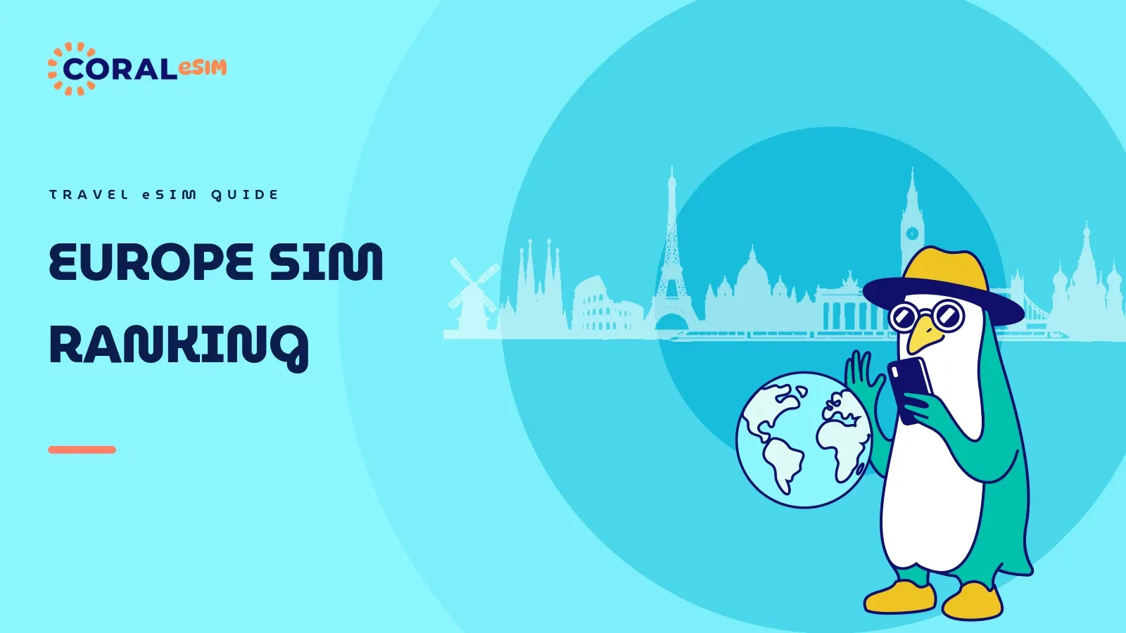 Illustration for the article about choosing a SIM card for Europe. Flat vector artwork on an ocean gradient background