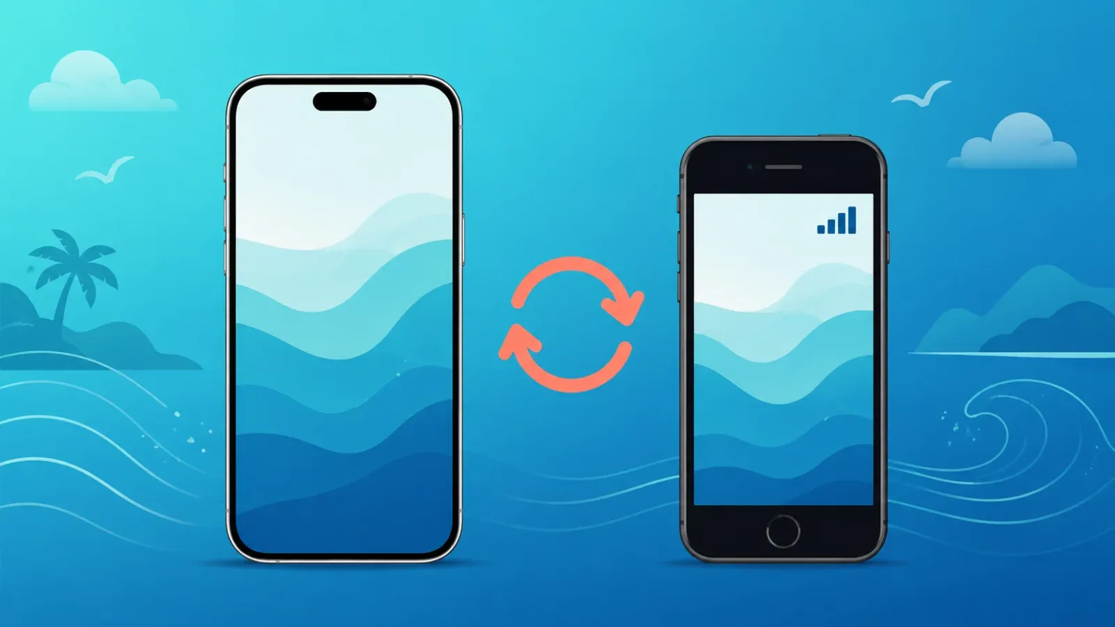 使っていない古いiPhoneを海外旅行用サブ機にするeSIM活用のイメージイラスト(新旧2台のスマートフォン)