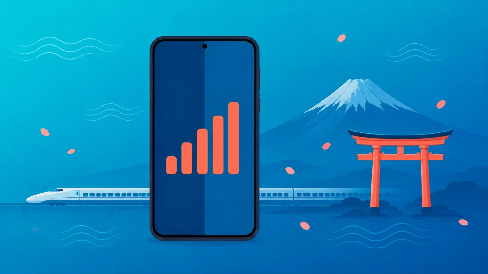 日本旅行向けeSIMのイメージ。電波が十分なスマートフォンと富士山・鳥居のシルエット