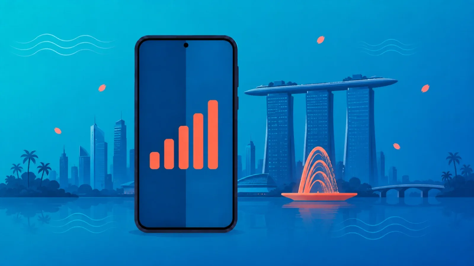 シンガポール旅行のeSIMイメージ。電波が入ったスマートフォンとシンガポールの都市スカイライン
