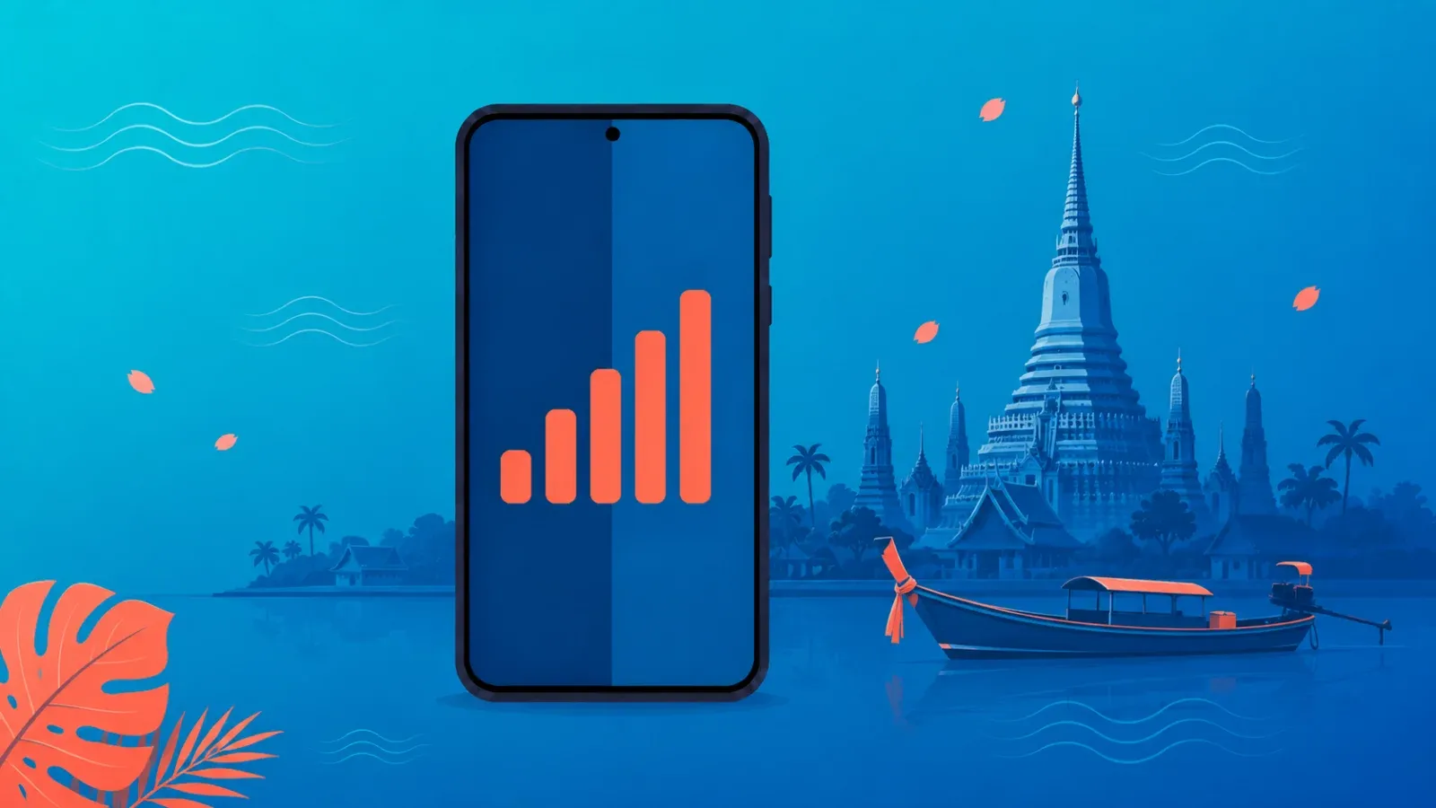 タイ旅行のeSIMイメージ。電波が入ったスマートフォンと寺院の尖塔・ロングテールボート