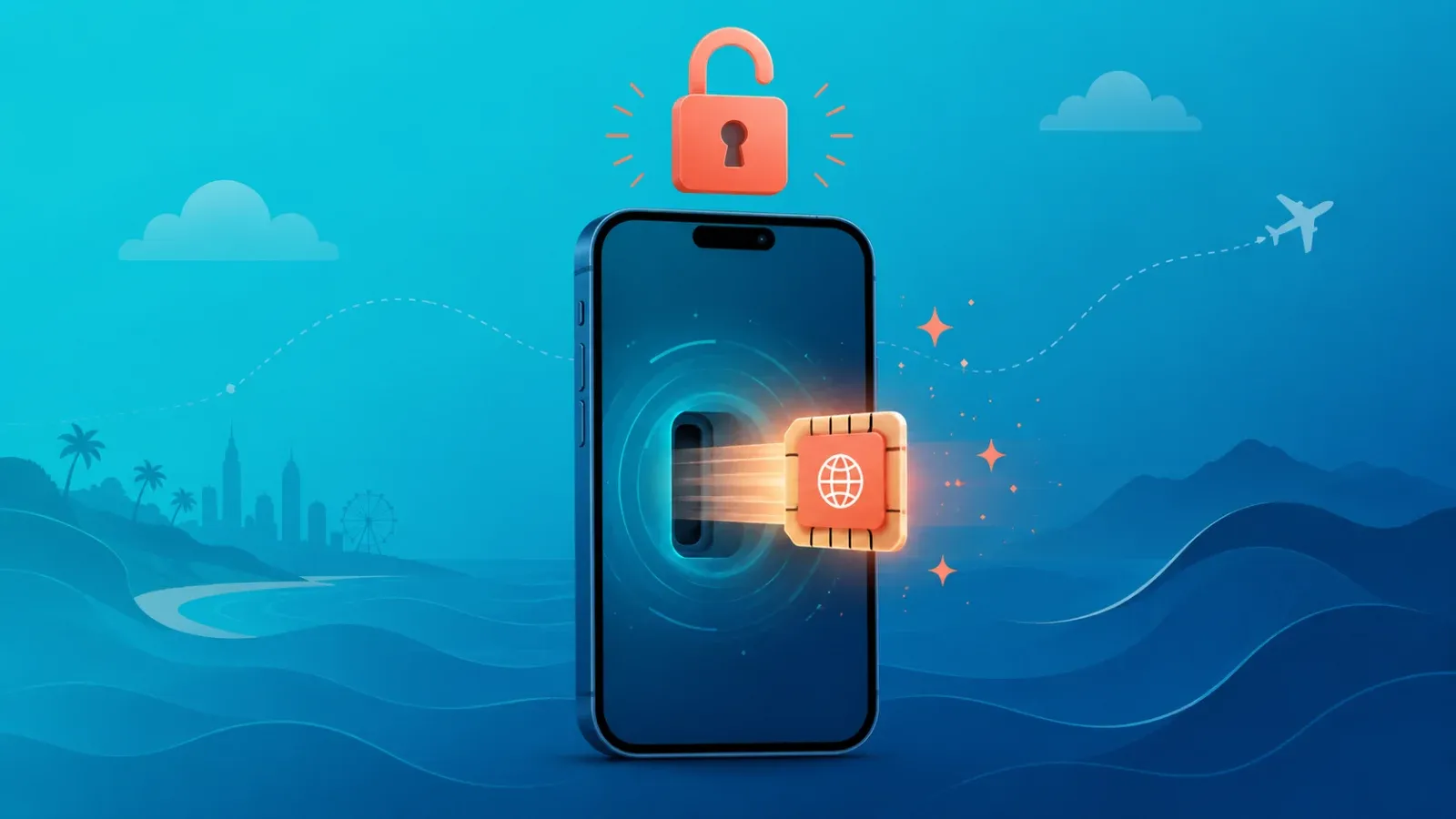 SIMロック解除されたスマートフォンにeSIMチップが入るイメージ